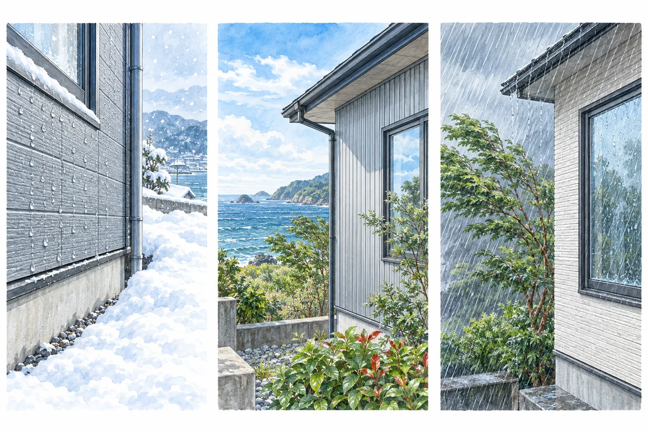 外壁の近くに残る雪、海沿いの住まい、窓へ吹き付ける雨を並べたイラスト