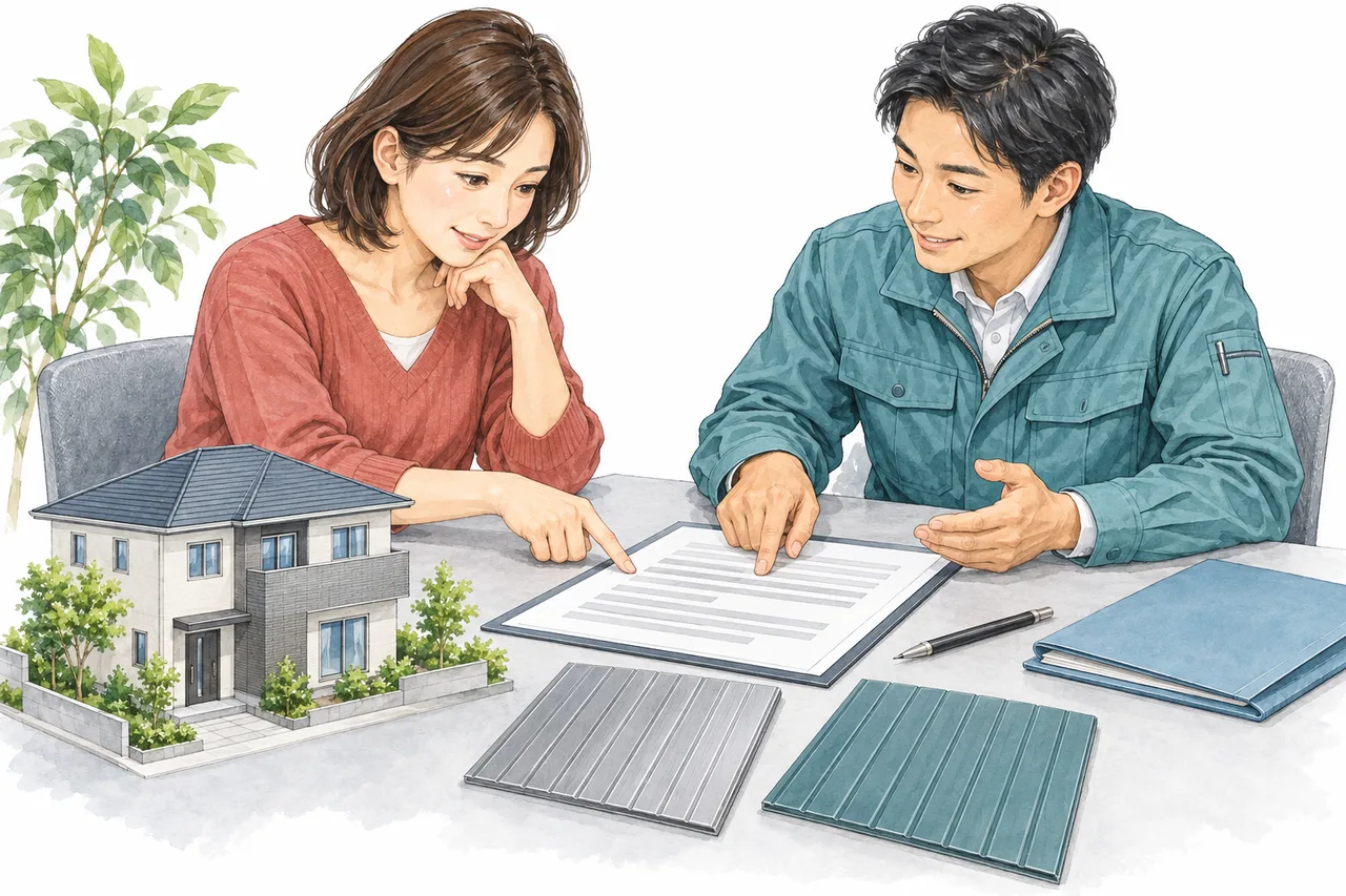 住まい手と施工担当者が、外壁の見本と書類を見ながら相談するイラスト