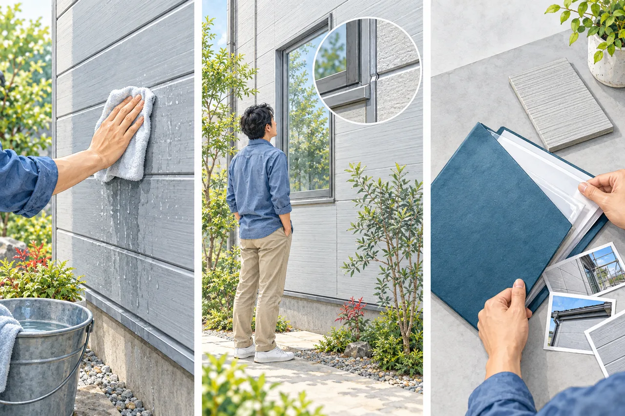 柔らかい布で外壁を手入れし、地上から継ぎ目を確認し、工事書類を保管するイラスト