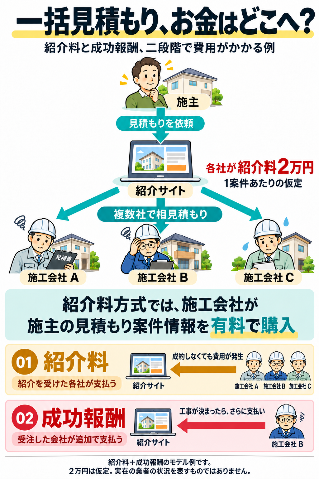 施工会社A・B・Cが各2万円の紹介料を支払って施主の見積もり案件情報を購入し、受注したB社は成功報酬を追加で支払うモデル図。費用負担に疲れた表情の架空の施工会社を描いたAI生成イラスト