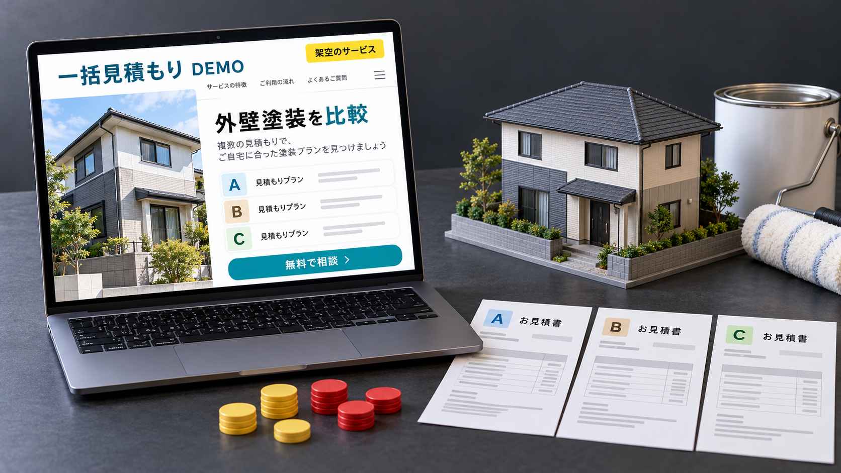 架空の一括見積サイトを表示したパソコン、住宅模型、3枚の見積書を描いた説明用イメージ