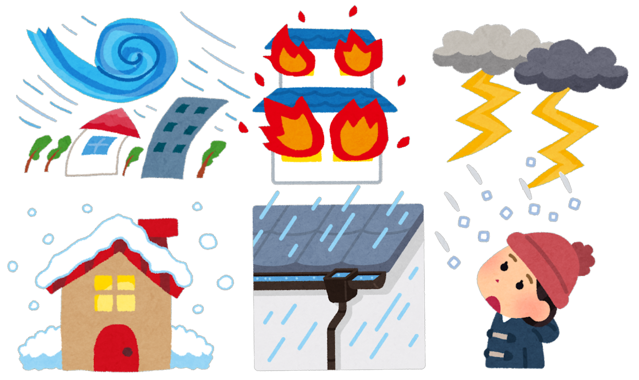 元コラムのイラスト。強風、火災、落雷、積雪、雨、ひょうなどを描いたもの
