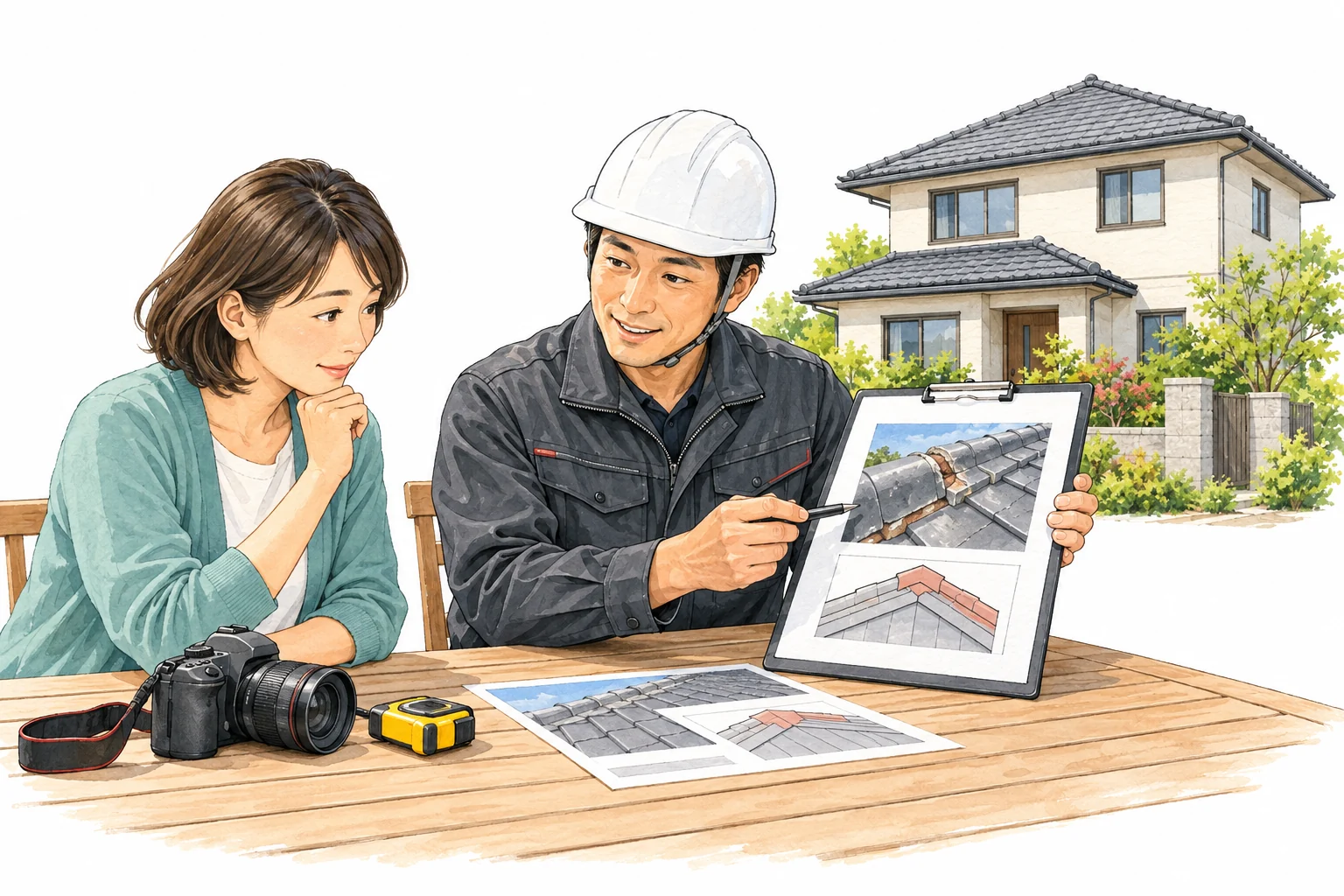屋根の写真を示しながら、修理が必要な箇所を住まいの持ち主に説明する施工担当者のイラスト