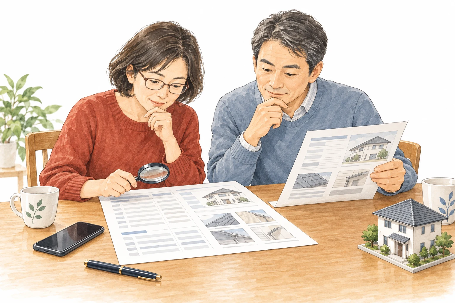契約を急がず、修理の提案書を読みながら費用と条件を確かめる家族のイラスト