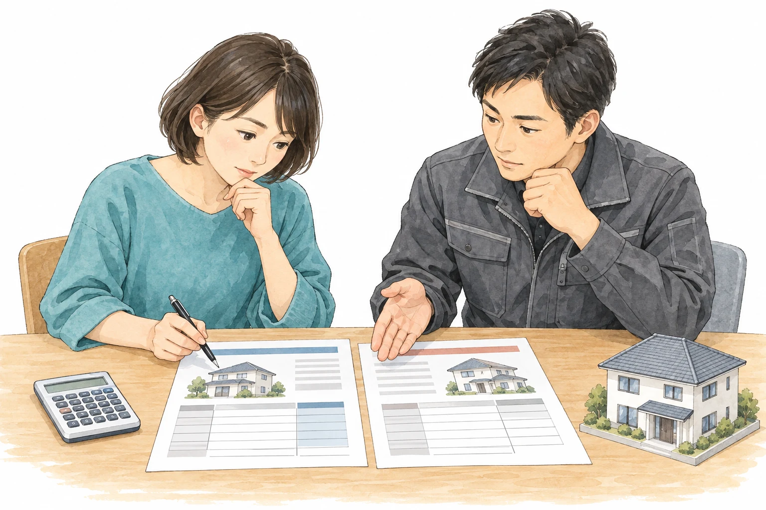見積書と保険の案内を電卓とともに見比べ、費用を確認する相談者と担当者のイラスト