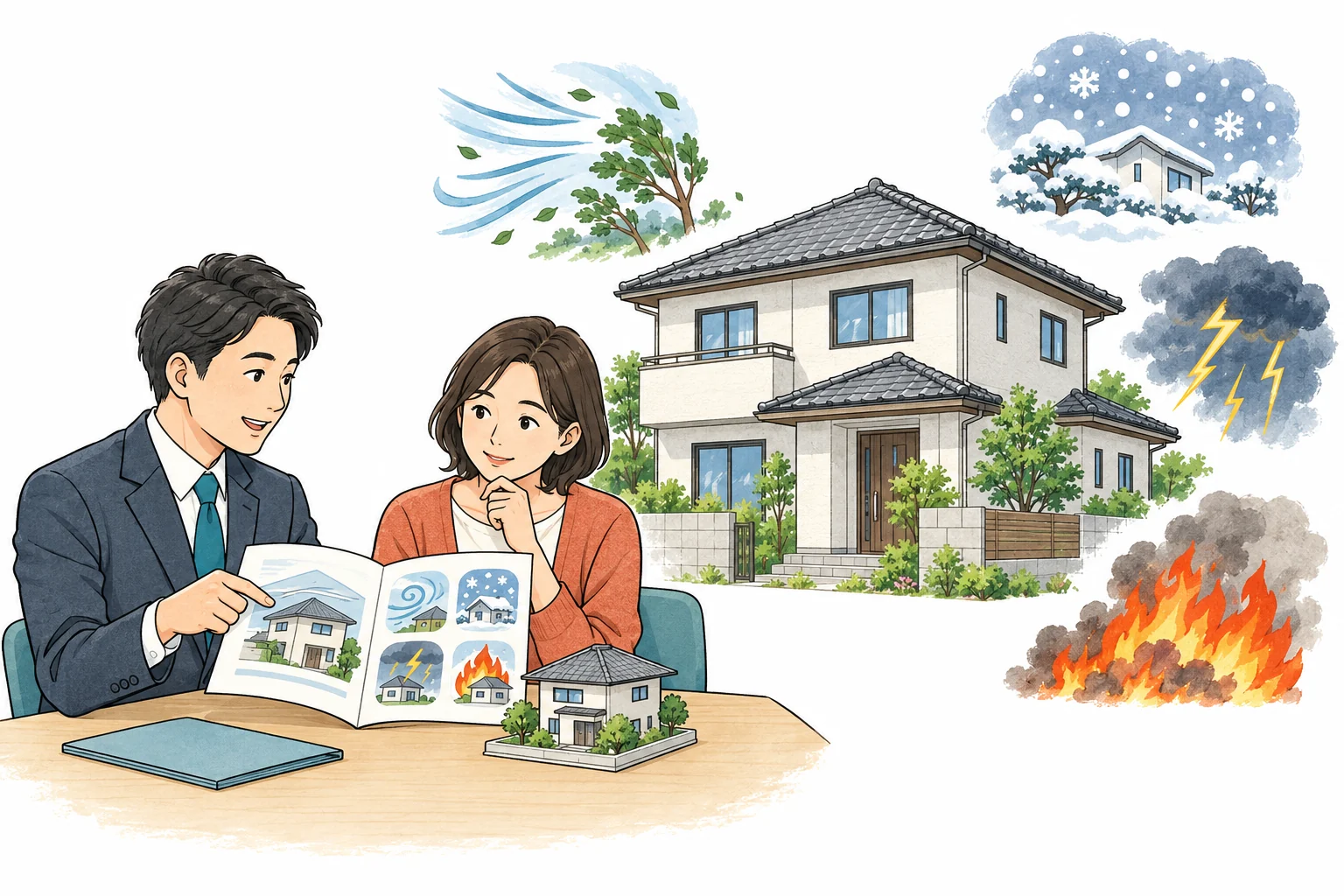 住まいと災害の図を見ながら、契約内容を確認する相談者と保険の担当者のイラスト