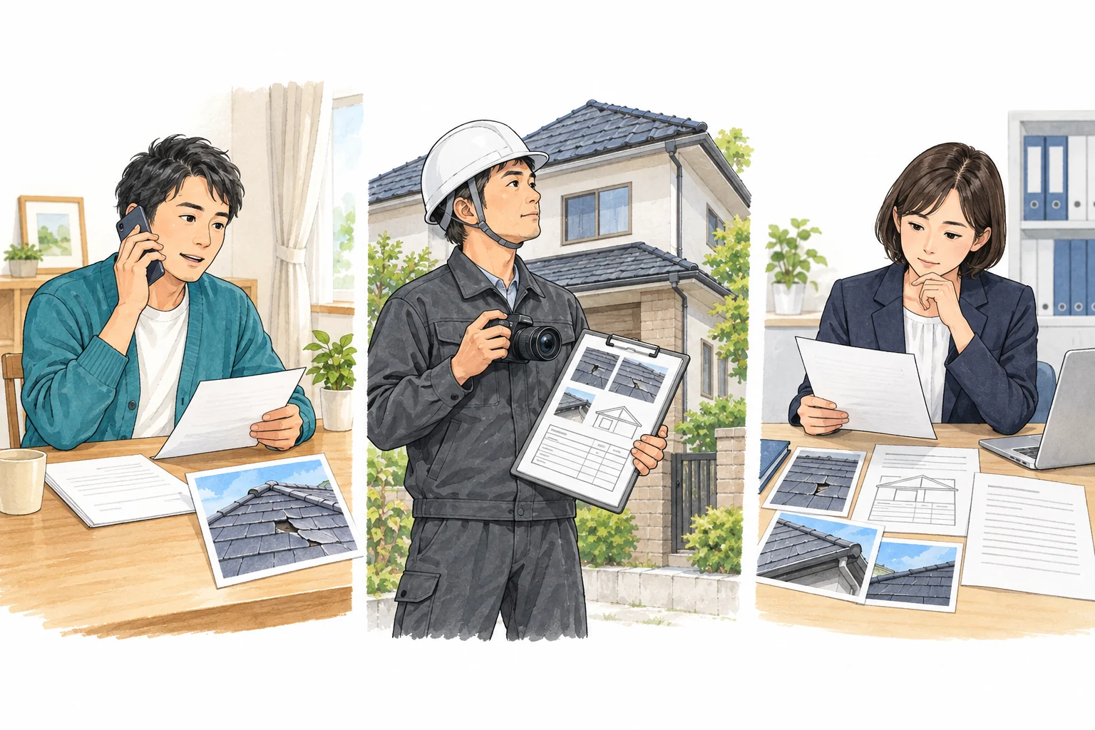 左から、電話で連絡する本人、写真と見積書を用意する修理業者、資料を確認する保険会社の担当者のイラスト