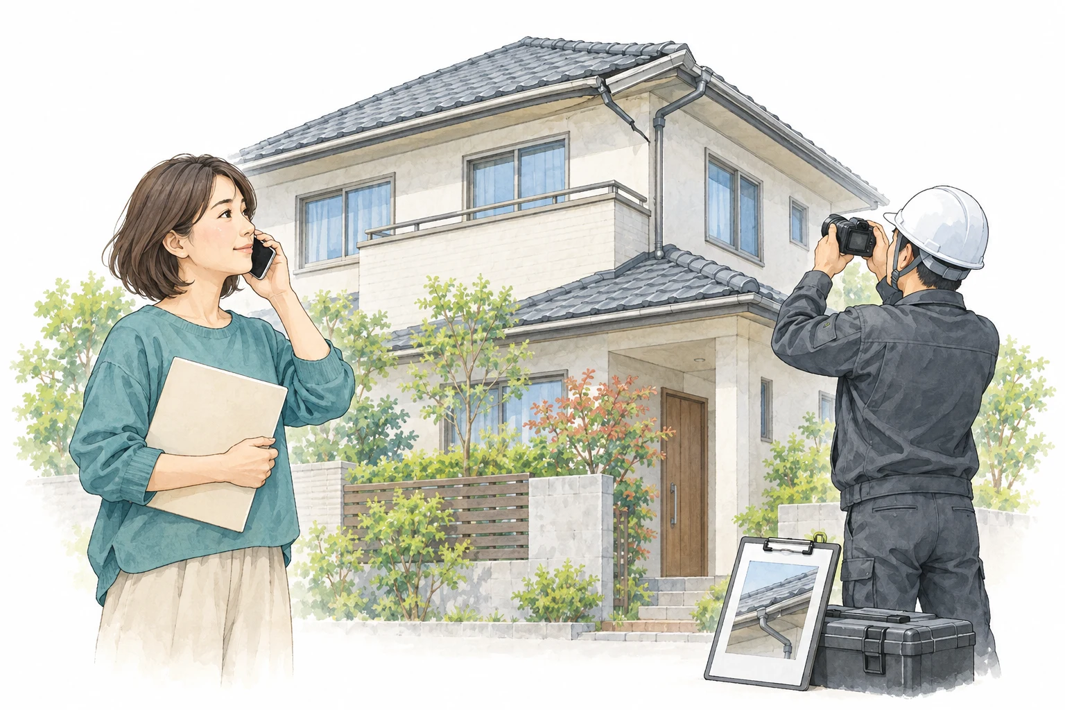 地上から建物の傷みを撮影する施工担当者と、修理前に電話で確認する住まいの持ち主のイラスト