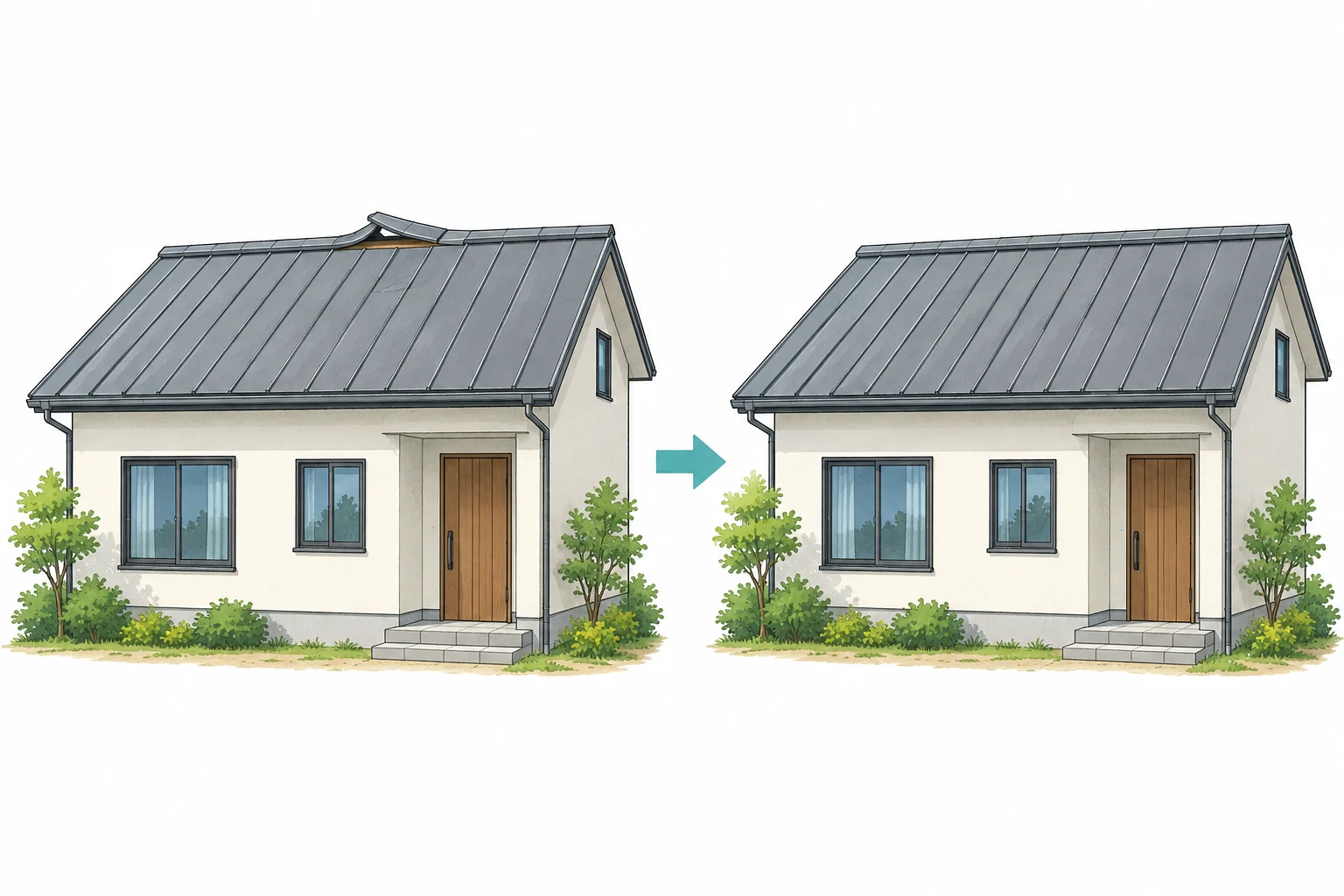 左は棟板金の一部が浮いた家、右はその部分を修理した同じ家の比較イラスト