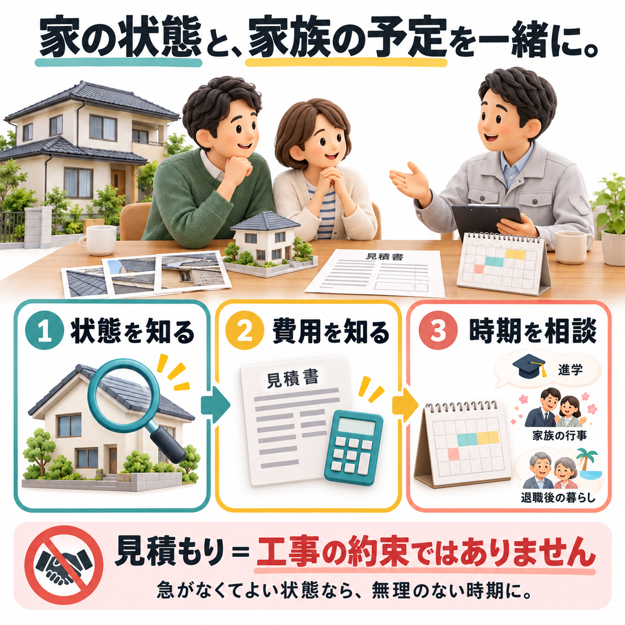 家の状態と家族の予定を一緒に考える解説図。状態を知る、費用を知る、時期を相談する。見積もりは工事の約束ではなく、急がなくてよい状態なら無理のない時期に