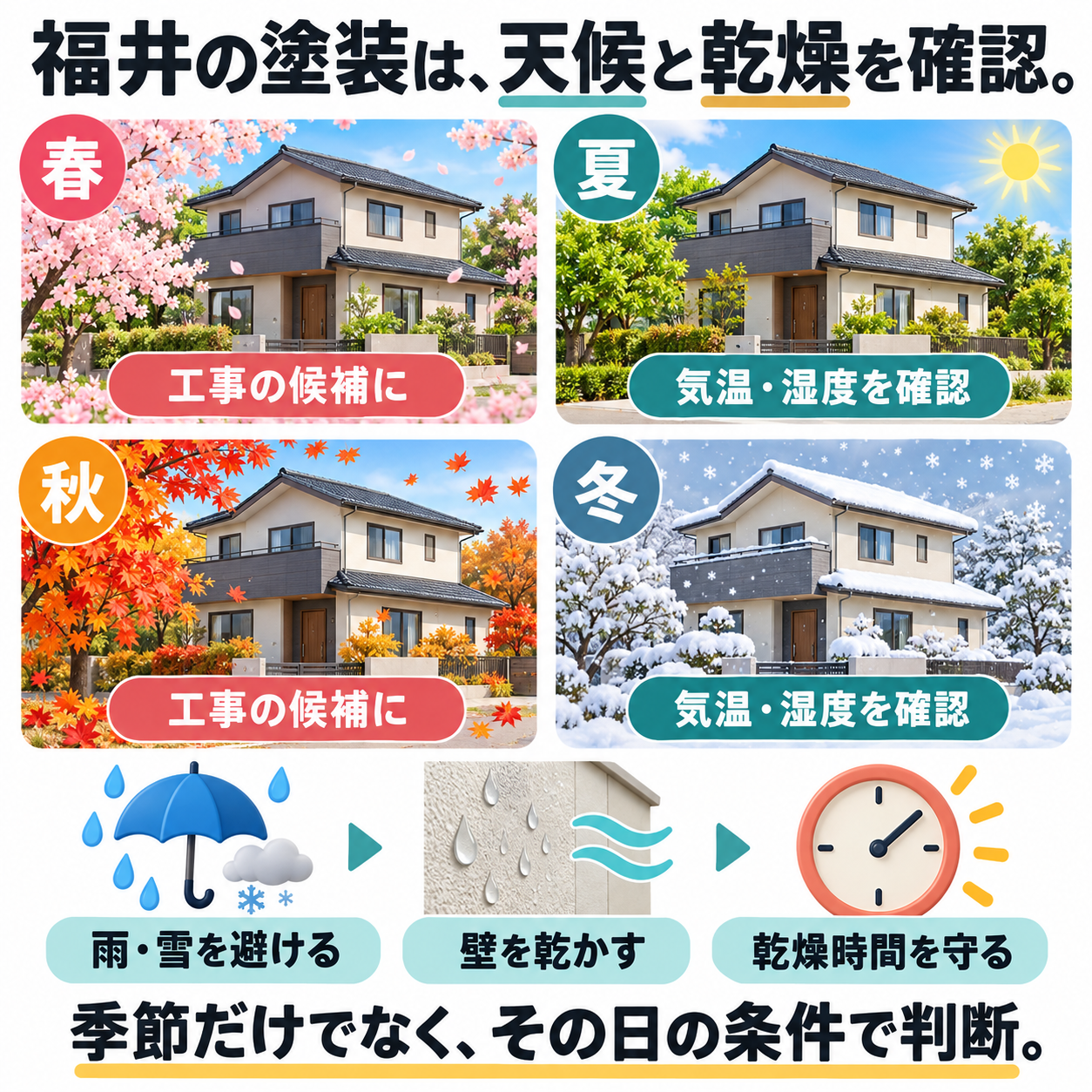 福井の四季と塗装条件の解説図。春秋を工事の候補に、夏冬も気温と湿度を確認。雨雪を避け、壁を乾かし、乾燥時間を守る。季節だけでなく当日の条件で判断する