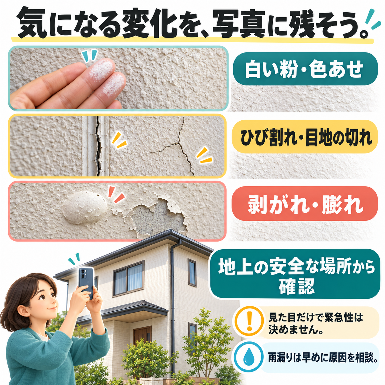 白い粉や色あせ、ひび割れや目地の切れ、剥がれや膨れを示す解説図。地上の安全な場所から写真を残し、見た目だけで緊急性を決めず、雨漏りは早めに原因を相談する