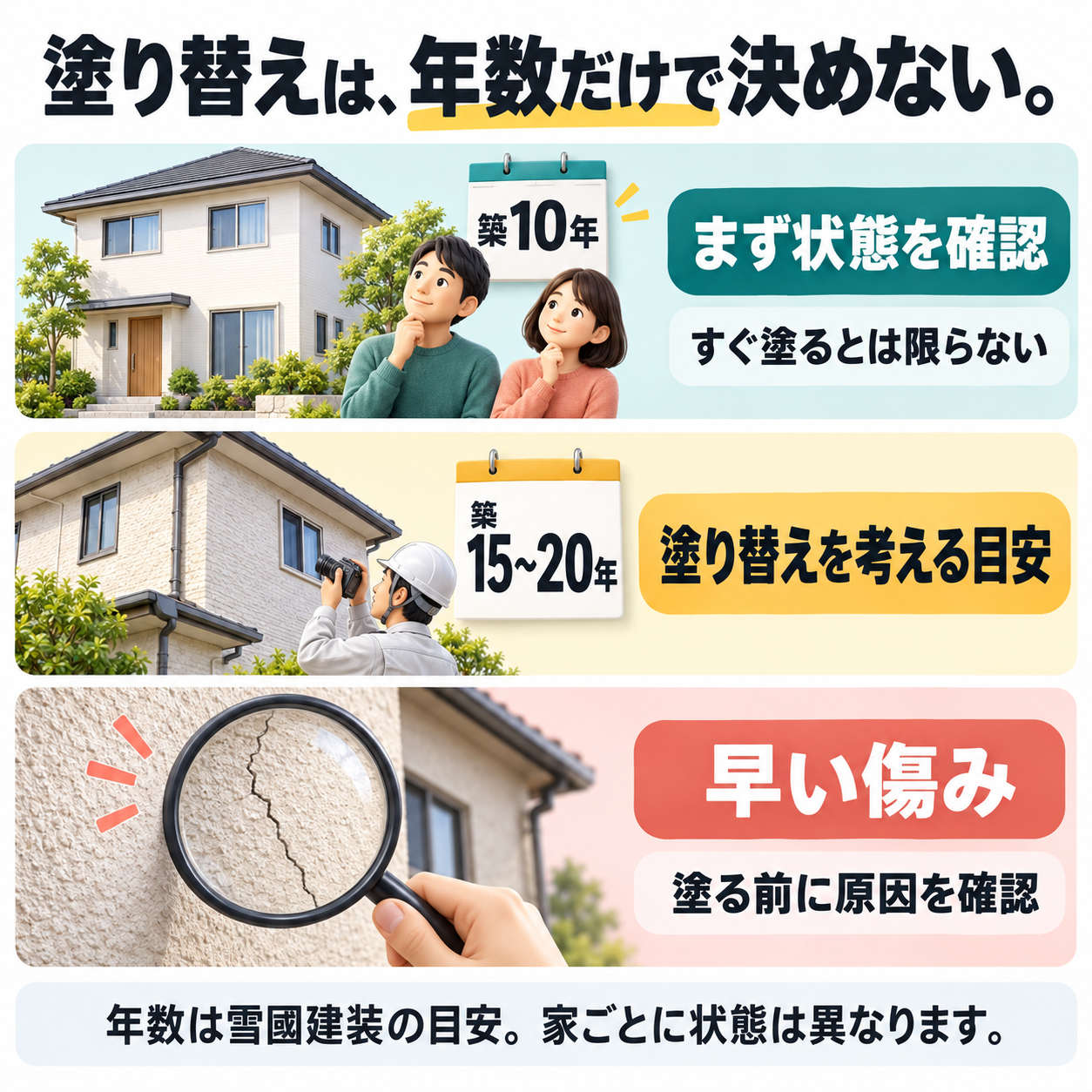 塗り替えは年数だけで決めない。築10年はまず状態確認、築15〜20年は雪國建装が塗り替えを考える目安。早い傷みは塗る前に原因を確認する解説図