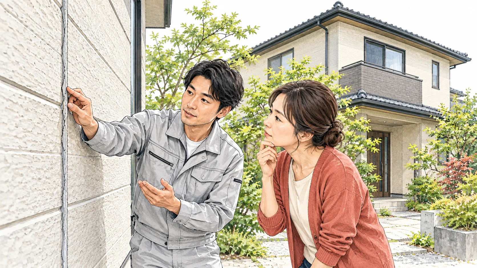 外壁の表面と目地を、住まいの人と一緒に確認する場面のイラスト