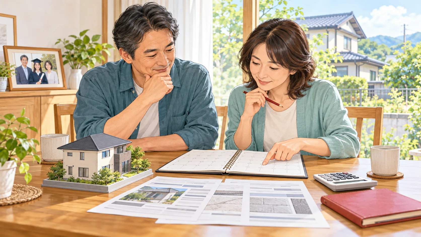 見積書と予定表を広げ、家計や家族の予定に合わせて工事時期を相談するイラスト