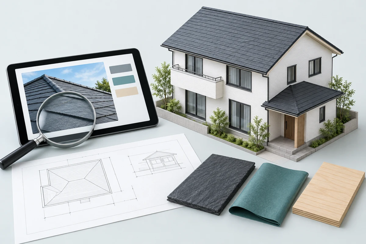 住宅模型、屋根の写真、図面と材料見本を並べた点検と計画の説明イラスト