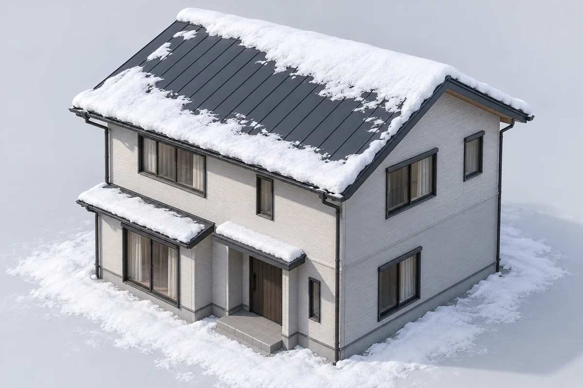 金属屋根に雪が積もった住宅模型の説明図